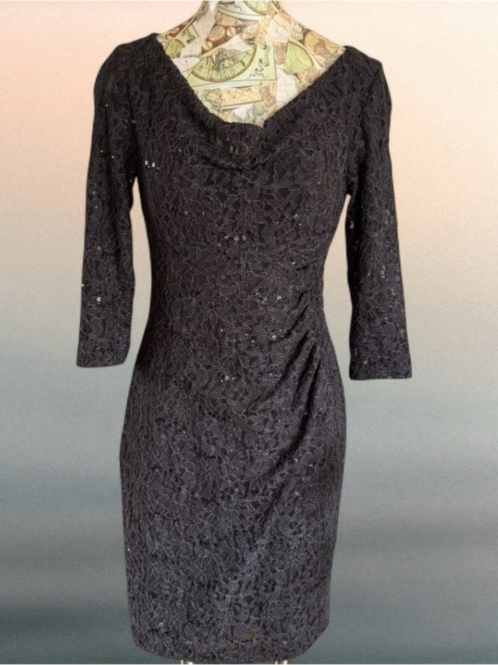 Ralph Lauren Black Lace Sequin Sheath Midi Formal Dress 3/4 Sleeve 8 P